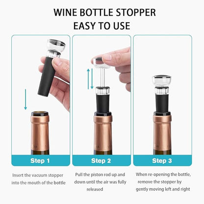 Bottle Stopper Set with Built-in Vacuum Wine Preserving Pump Food Safe Silicone Lid, Suitable for Most Wine Bottles,Portable Instant Wine Aerating (HJ-A001), 3.5*1.2 Inches, Black