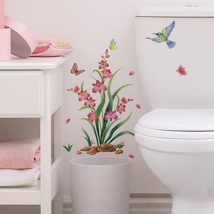 2 Sets Bathroom Decor Wall Stickers, Peony Roses Wall Stickers Floral Wall Decals, Watercolor Flowers Lily Daisy Butterfly Dragonfly Bird Wall Stickers for Bathroom Bedroom Living Room