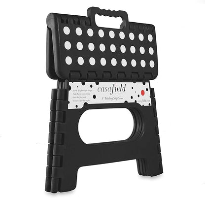 Casafield 9" Folding Step Stool with Handle, Black - Portable Collapsible Small Plastic Foot Stool for Kids and Adults - Use in The Kitchen, Bathroom and Bedroom