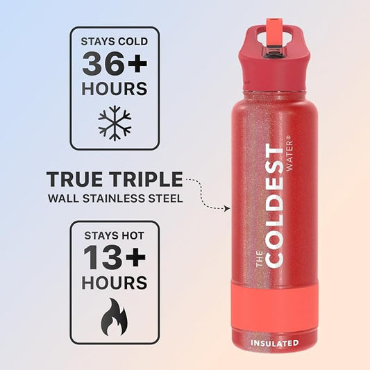 Coldest Sports Water Bottle with Straw Lid Vacuum Insulated Stainless Steel Metal Thermos Bottles Reusable Leak Proof Flask for Sports Gym (40 oz, Mars Red Glitter)