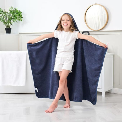 Hiturbo Kids Hooded Bath Towel: 100% Cotton Soft Thick Absorbent Towels Wrap - 50"x30" Shower Beach Pool Wearable Blanket for 3-12 Yrs Boys Girls - Navy Blue
