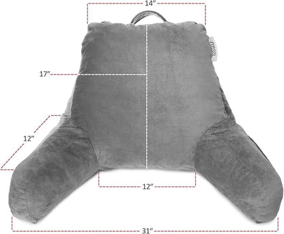 Nestl Reading Pillow Standard Bed Pillow, Back Pillow for Sitting in Bed Shredded Memory Foam Chair Pillow, Reading & Bed Rest Pillows Grey Back Pillow for Bed, Bed Chair Arm Pillow with Pockets