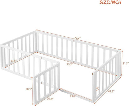 Twin Size Floor Bedframe with Door and Safety Guardrails Fence, Solid Wooden Toddler Montessori Platform Bed for Children Bedroom, Boys Girls, Kids Playroom