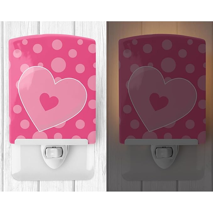 Caroline's Treasures BB8593CNL Hearts on Polkadots Ceramic Night Light Compact, UL-Certified, Ideal for Bedroom, Bathroom, Nursery, Hallway, Kitchen, 6x4x3, Multicolor