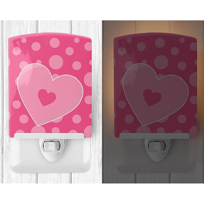 Caroline's Treasures BB8593CNL Hearts on Polkadots Ceramic Night Light Compact, UL-Certified, Ideal for Bedroom, Bathroom, Nursery, Hallway, Kitchen, 6x4x3, Multicolor