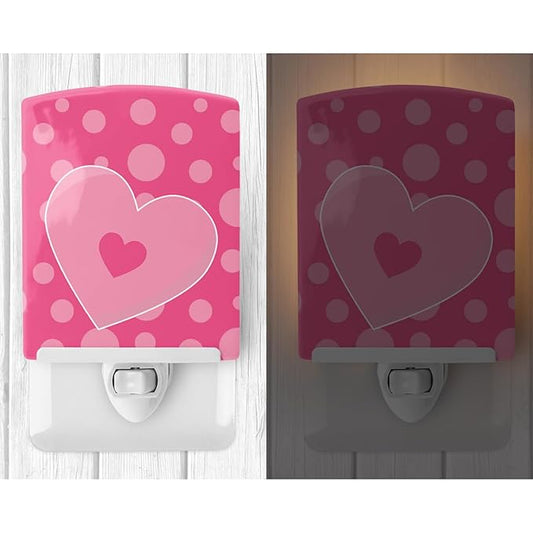 Caroline's Treasures BB8593CNL Hearts on Polkadots Ceramic Night Light Compact, UL-Certified, Ideal for Bedroom, Bathroom, Nursery, Hallway, Kitchen, 6x4x3, Multicolor