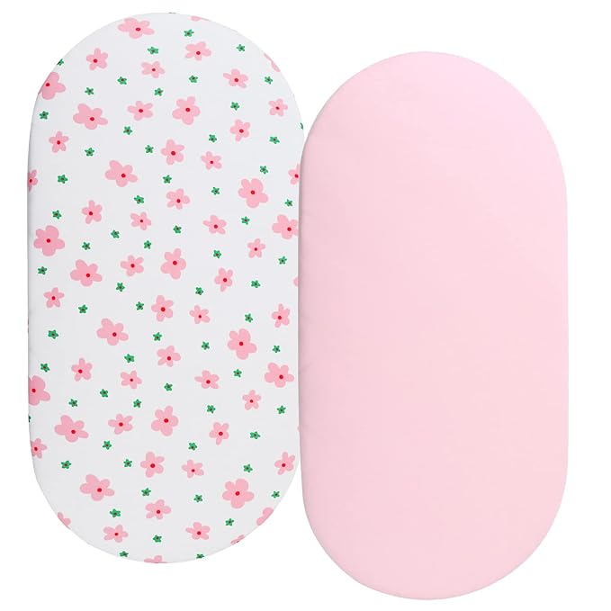 Bassinet Sheets Compatible with Dream On Me Traveler/Skylar/Seashell/Lotus Bassinet, INFANS, Maydolly and Evolur Stellar Bassinet, 2 Pack Fitted Sheets, 100% Jersey Knit Cotton, Floral and Pink
