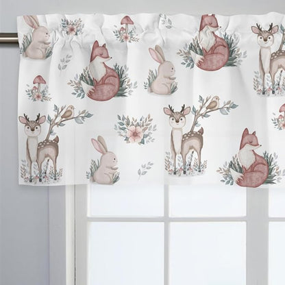 Baby Woodland Animals Leaves Mushroom Valances 54''x18'' Kids Toddler Nursery Bedroom Decor Drapes Deer Rabbit Fox Rod Pocket Short Curtains for Living Room Bathroom Kitchen Cafe 1 Pack