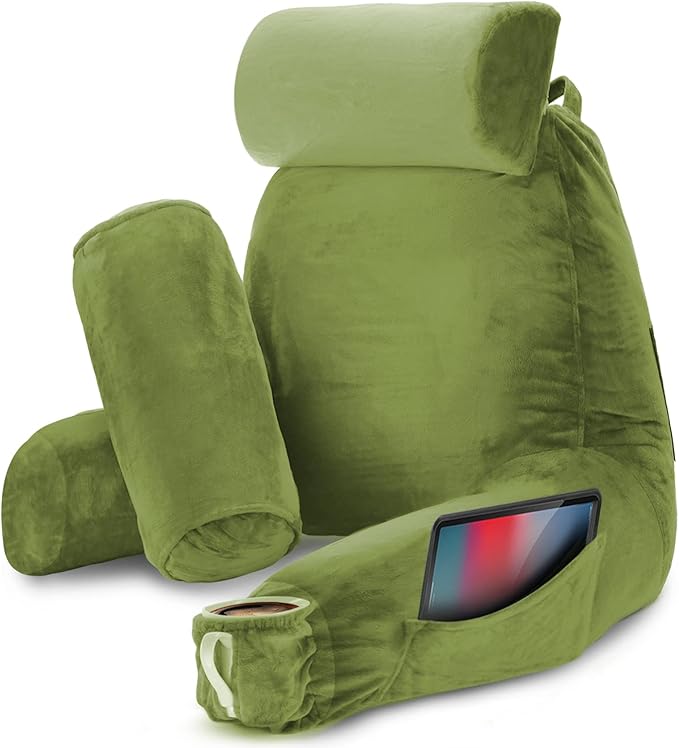 Nestl Reading Pillow Large Bed Pillow, Back Pillow for Sitting in Bed Shredded Memory Foam Chair Pillow, Reading & Bed Rest Pillows Calla Green Back Pillow for Bed, Bed Chair Arm Pillow with Pockets