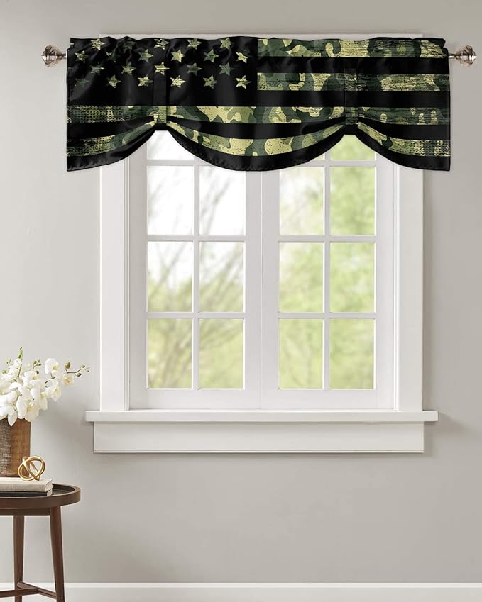 Rustic Green Camo Military Pattern American Flag Blackout Tie Up Valance Curtains for Kitchen Windows Camouflage Window Toppers Balloon Shades for Living Room/Bathroom/Bedroom,1 Panel,54" X 18"