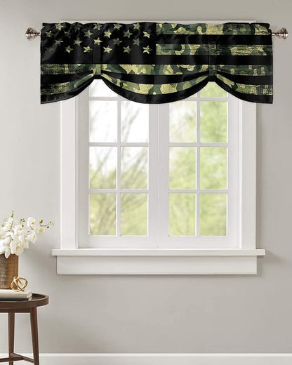 Rustic Green Camo Military Pattern American Flag Blackout Tie Up Valance Curtains for Kitchen Windows Camouflage Window Toppers Balloon Shades for Living Room/Bathroom/Bedroom,1 Panel,54" X 18"