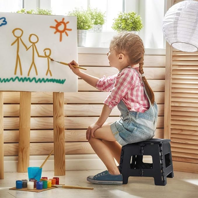 Folding Step Stool 9", Kids Step Stool, Heavy Duty Step Stools for Adults, Compact Foot Stools, Light-Weight Toddler Step Stool for Kitchen, Bathroom, Holds Up to 300 lbs (Black)