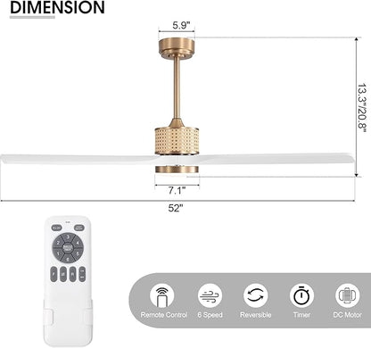52" Ceiling Fan with Light and Remote, 3 Solid Wood Blades, Noiseless Reversible DC Motor Ceiling Fan with 4.5"/12" Downrods for Bedroom/Living Room/Porch (Gold/White)