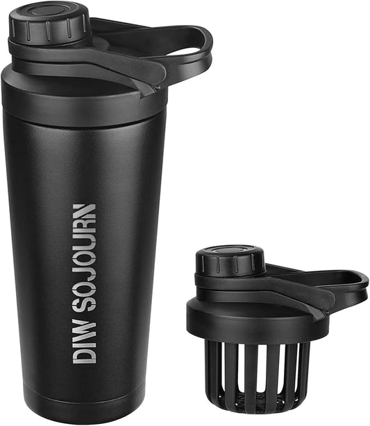 24 oz Shaker Bottle,Stainless Steel Shaker Bottle with Noise-Free Design,Insulated Metal Shakers Bottles Cup for Protein Mixes and Pre Workout,Gym Shaker Bottle(Black)