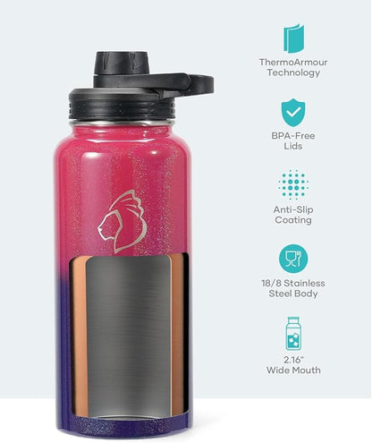 BUZIO Water Bottle with Straw lid, Spout Lid, Hand Lid and Carrying Pouch, 32oz 40oz 64oz Stainless Steel Water Flask Jug, Cold for 48 Hrs Hot for 24 Hrs Double Vacuum Thermo Canteen Mug, BPA-Free