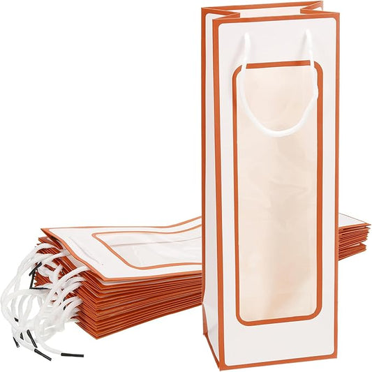 uxcell Wine Bags, 12pcs 4.92"x3.35"x14.2" Wine Gift Bags with Rope Handles, Paper Wine Tote Bag with Clear Window for Wedding Birthday Christmas Party Supplies, White Orange