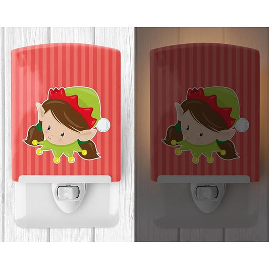 Caroline's Treasures BB8670CNL Christmas Brunette Girl Elf Ceramic Night Light Compact, UL-Certified, Ideal for Bedroom, Bathroom, Nursery, Hallway, Kitchen, 6x4x3, Multicolor