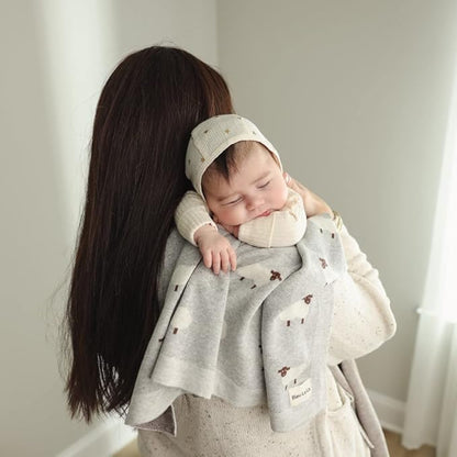 Baby Swaddle Blanket - 100% Luxury Cotton Knit Soft Cozy Lightweight Unisex Receiving Crib Stroller Quilt Blanket for Shower Gift Registry for Newborns Infants Toddlers (Sheep - Khaki)