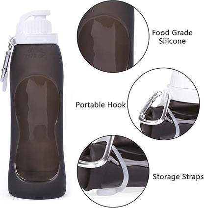 Wesoke Sport Collapsible Water Bottles Black, 500 ml/17oz Foldable Travel Water Bottle Cup, Lightweight Food Grade Silicone Reusable Leakproof Water Bottles with Carabiner for Gym Running Cycling