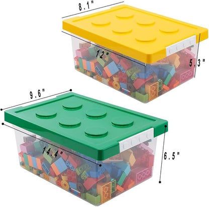 loobuu Plastic Storage Bins with Lids - Stackable Toy Storage Organizer Box Set of 2, Kids Toy Chests with Compatible Building Baseplate and Lid, Storage Container for Building Bricks - Yellow+Green