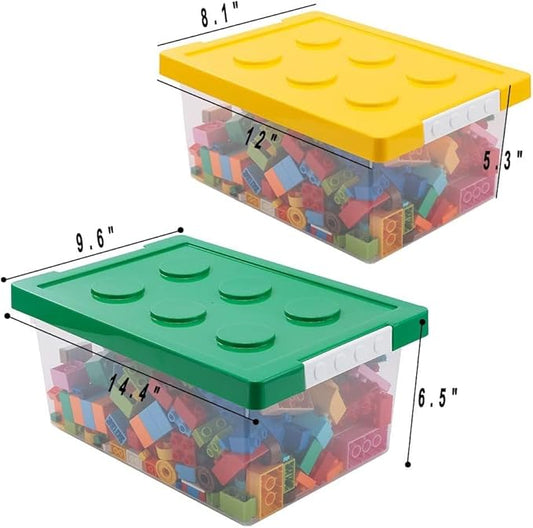 loobuu Plastic Storage Bins with Lids - Stackable Toy Storage Organizer Box Set of 2, Kids Toy Chests with Compatible Building Baseplate and Lid, Storage Container for Building Bricks - Yellow+Green