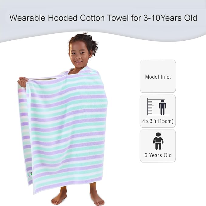 VOOVA & MOVAS Kids Hooded Bath Towels Quick Dry - (3-10Years) - Absorbent Lightweight Hooded Cotton Towel for Pool | Swim | Beach | Bath, Boys Wrap Towel with Hood, Aqua Purple Stripe