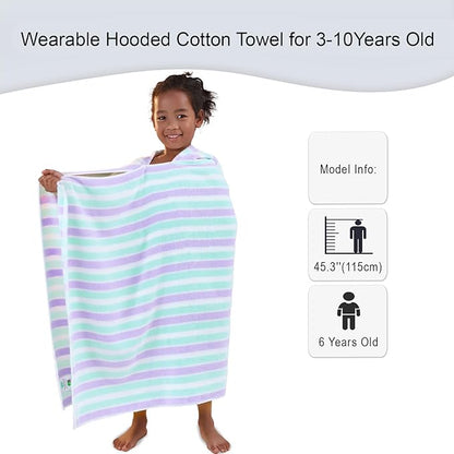 VOOVA & MOVAS Kids Hooded Bath Towels Quick Dry - (3-10Years) - Absorbent Lightweight Hooded Cotton Towel for Pool | Swim | Beach | Bath, Boys Wrap Towel with Hood, Aqua Purple Stripe