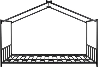 Full Size Montessori Floor Bed with Headboard and Footboard, Metal House Bed Frame with Soundproof Strip for Children, Toddlers, Boys, Girls Bedroom, Kids Playroom, No Box Spring Needed(Black)