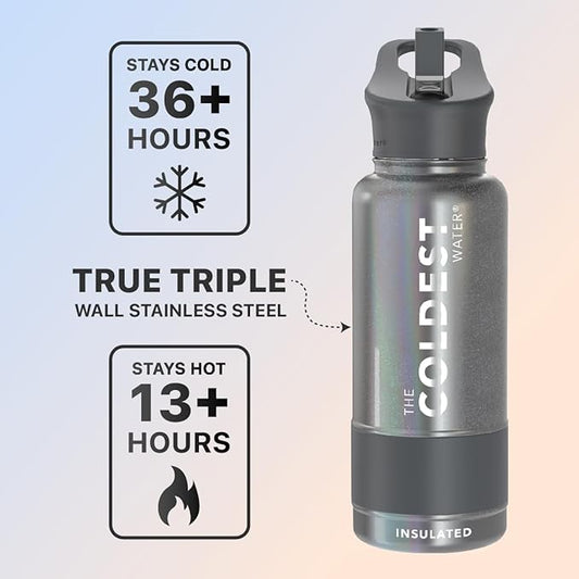 Coldest Sports Water Bottle with Straw Lid Vacuum Insulated Stainless Steel Metal Thermos Bottles Reusable Leak Proof Flask for Sports Gym(32 oz, Stardust Glitter)