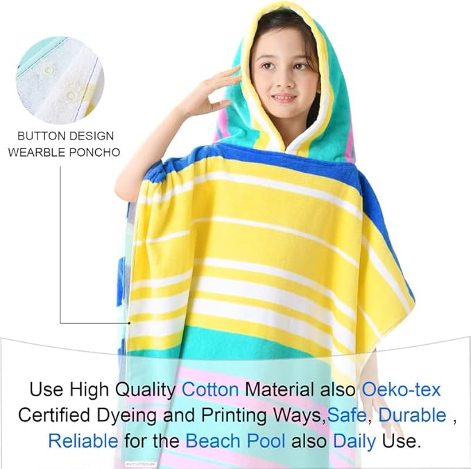 VOOVA & MOVAS Hooded Beach Towels for Kids, Oversized (6-12Years) Made from 100% Soft Cotton,Perfect for Swimming | Bathing | Beach | Birthday Gifts, Colorful Stripe