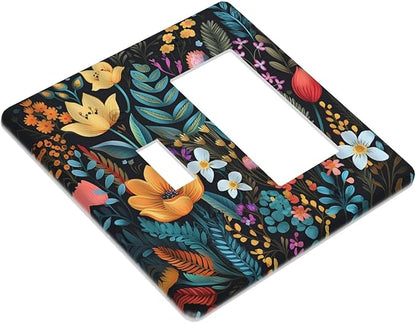 Boho Floral Vintage Flower Leaves Rustic Wildflower Plants 2 Gang Single Toggle Rocker Combination Light Switch Covers Wall Plate Cover Electrical Faceplate Decorative Switchplate for Country Bedroom