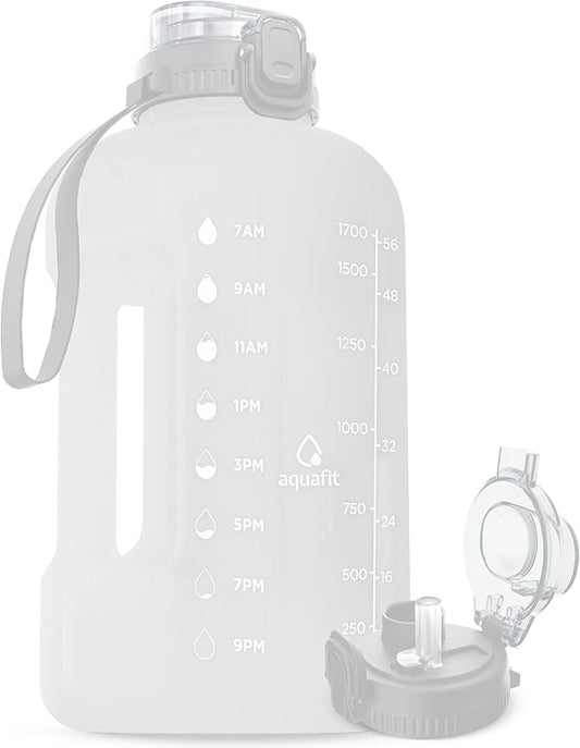 AQUAFIT 64 oz Water Bottle with Time Marker - BPA Free Half Gallon Water Bottle with Straw - Gym Water Bottle with Handle, Gallon Water Jug, Big Water Bottle, Large Water Bottle (Frosty, 2in1 Lid)