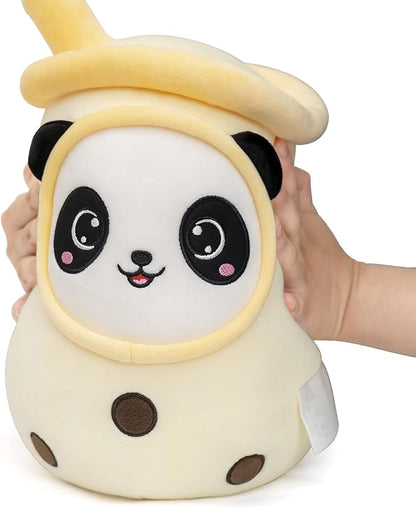 NiuniuDaddy Boba Plushies with Panda Face-13.7inches Large Yellow Cream Bubble Tea with Straw Stuffed Animals-Soft Kawaii Milk Tea Cup Plush Toy Pillow for Kids-Machine Washable,Medium