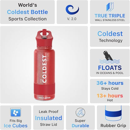 Coldest Sports Water Bottle with Straw Lid Vacuum Insulated Stainless Steel Metal Thermos Bottles Reusable Leak Proof Flask for Sports Gym (32 oz, Mars Red Glitter)