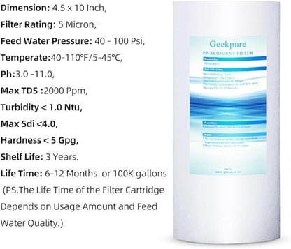 Geekpure 10 Inch PP Sediment Filter Cartridge for Whole House Water Filtration System-4.5" x 10"-5 Micron