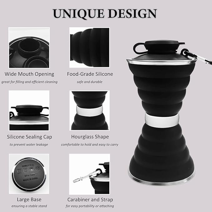 jessie Collapsible Water Bottles 17 oz Silicone Foldable Water Bottles Portable Travel Water Bottle with Buckle for Camping Hiking Sports Outdoor Gym Summer (Black)