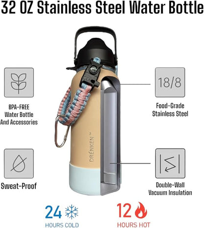Water Bottle, Insulated water bottle, Stainless steel water bottle for kids men women Sports water bottle 32 oz Water bottle with straw Insulated Flask (Nude)