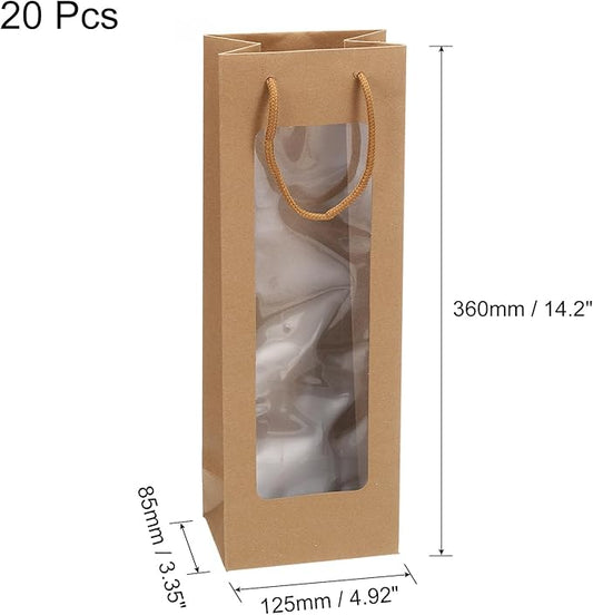 uxcell Wine Bags, 20pcs 4.92"x3.35"x14.2" Wine Gift Bags with Rope Handles, Paper Wine Tote Bag with Clear Window for Wedding Birthday Christmas Party Supplies, Wood