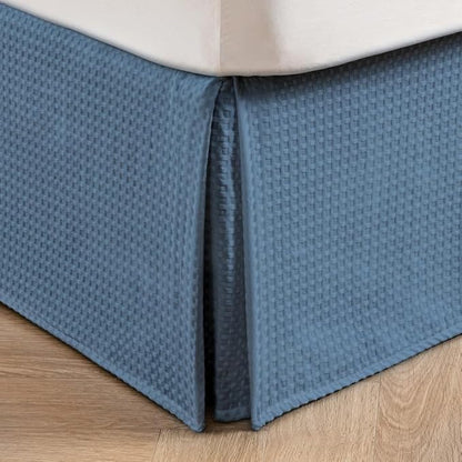 MIYE Pleated Waffle Weave Bed Skirt, Tailored Dust Ruffle 12 Inch Drop Easy Fit, Machine Washable (Blue, King - 12" Drop)