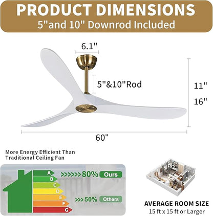Bigzone 60" Indoor/Outdoor Ceiling Fan Without Light, Quiet Energy Saving DC Motor,3 White Balsa Wood Blades,Modern Ceiling Fan With Remote Control, Reversible Blades
