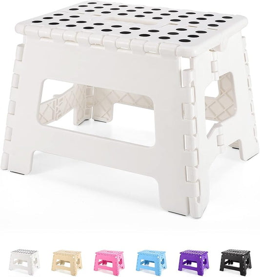 Folding Step Stool 9", Kids Step Stool, Heavy Duty Step Stools for Adults, Compact Foot Stools, Light-Weight Toddler Step Stool for Kitchen, Bathroom, Holds Up to 300 lbs (White)