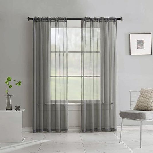Gray Sheer Curtains 108 Inches long 2 Panels Grey Curtains 108 Translucent Voile Solid Color Window Treatment Rod Pocket Grey Drapes for Bedroom Living Room 2 Panels 52x108