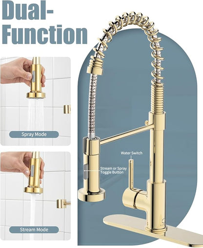 Gold Kitchen Faucet, Kitchen Faucet with Soap Dispenser, Pull Down Kitchen Faucet with Sprayer, Single Handle Kitchen Sink Faucet with Dual Function Spray Head, Camper Laundry RV Faucet,PVD