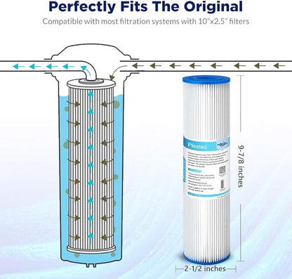 Membrane Solutions 50 Micron Pleated Polyester Sediment Water Filter 10"x2.5" Replacement Cartridge Universal Whole House Pre-Filter Compatible with W50PE, WFPFC3002, SPC-25-1050, FM-50-975 - 4 Pack