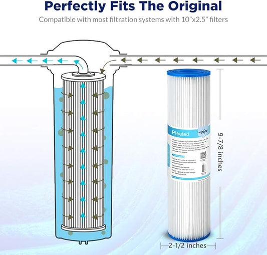 Membrane Solutions 50 Micron Pleated Polyester Sediment Water Filter 10"x2.5" Replacement Cartridge Universal Whole House Pre-Filter Compatible with W50PE, WFPFC3002, SPC-25-1050, FM-50-975 - 4 Pack