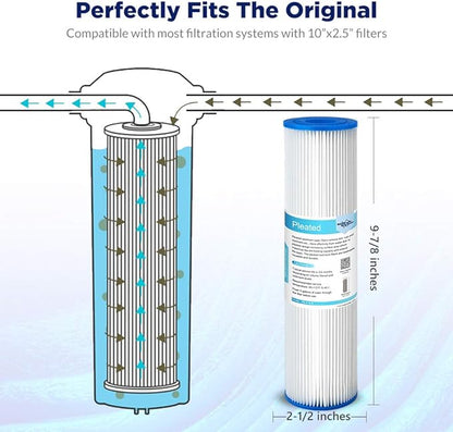 Membrane Solutions 20 Micron Pleated Polyester Sediment Water Filter 10"x2.5" Replacement Cartridge Universal Whole House Pre-Filter Compatible with W50PE, WFPFC3002, SPC-25-1050, FM-50-975 - 4 Pack