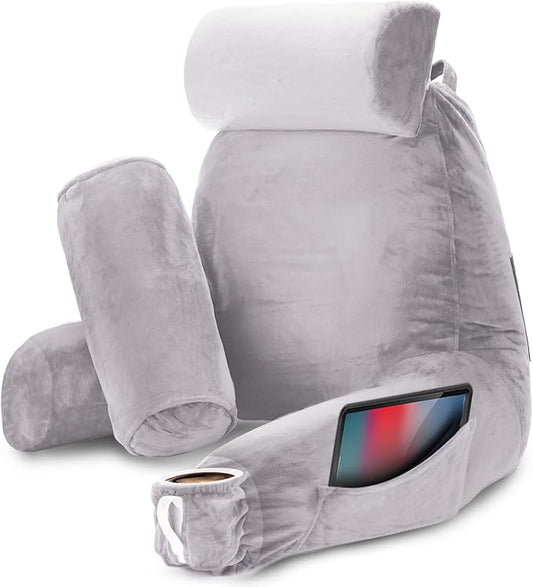 Nestl Reading Pillow Large Bed Pillow, Back Pillow for Sitting in Bed Shredded Memory Foam Chair Pillow, Reading & Bed Rest Pillows Grey Lavender Back Pillow for Bed, Bed Chair Arm Pillow with Pockets