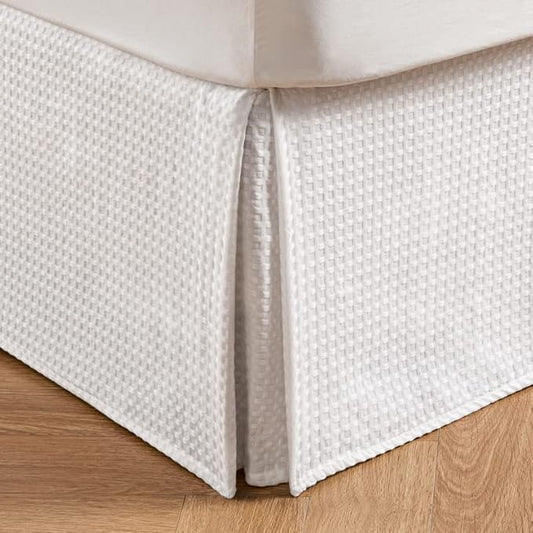 MIYE Pleated Waffle Weave Bed Skirt, Tailored Dust Ruffle 18 Inch Drop Easy Fit, Machine Washable (White,Cal King - 18" Drop)