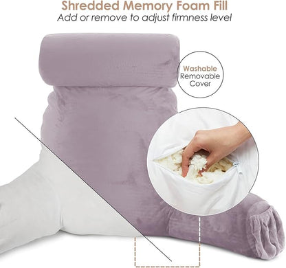 Nestl Reading Pillow Large Bed Pillow, Back Pillow for Sitting in Bed Shredded Memory Foam Chair Pillow, Reading & Bed Rest Pillows Dusty Purple Back Pillow for Bed, Bed Chair Arm Pillow with Pockets