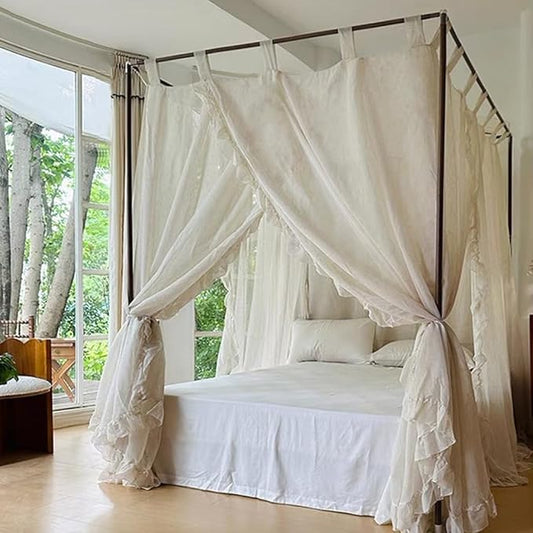 Elegant Modern Linen Princess 4 Corner Post Mosquito Net Romantic for Girls Women Bed Curtain Canopy for Adult Wedding Bedroom Kids Rooms Decoration (White-Beige, Queen)